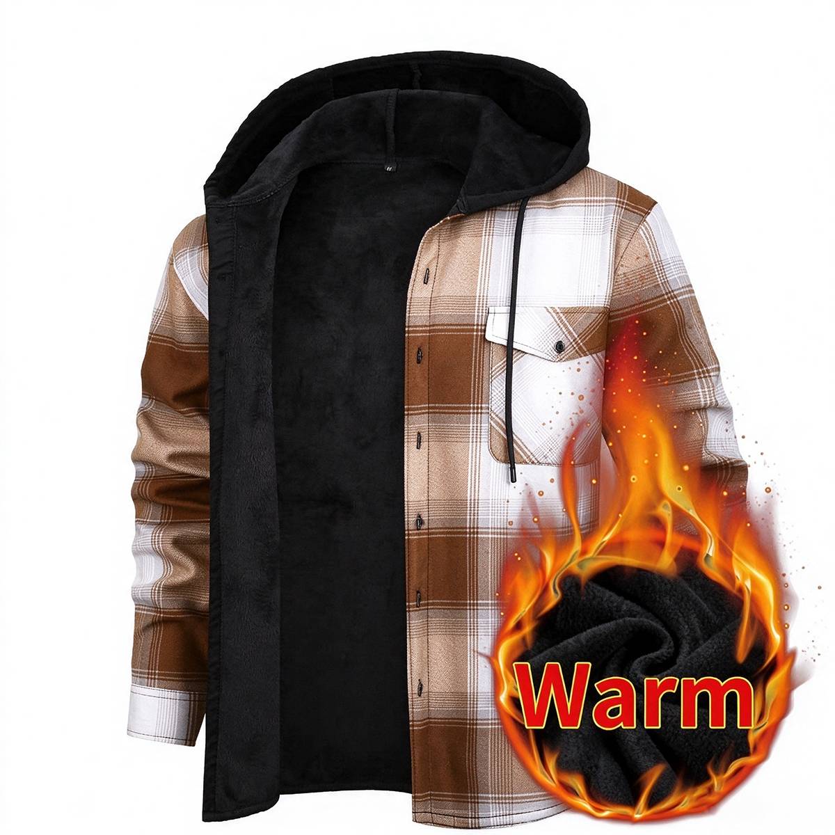 Men's Fleece Lined Plaid Hooded Shirt Jacket