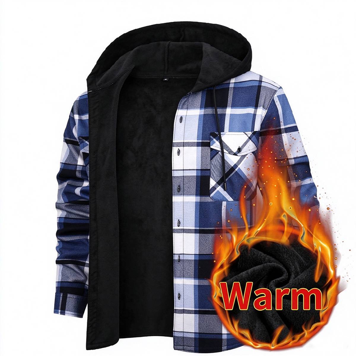 Men's Fleece Lined Plaid Hooded Shirt Jacket