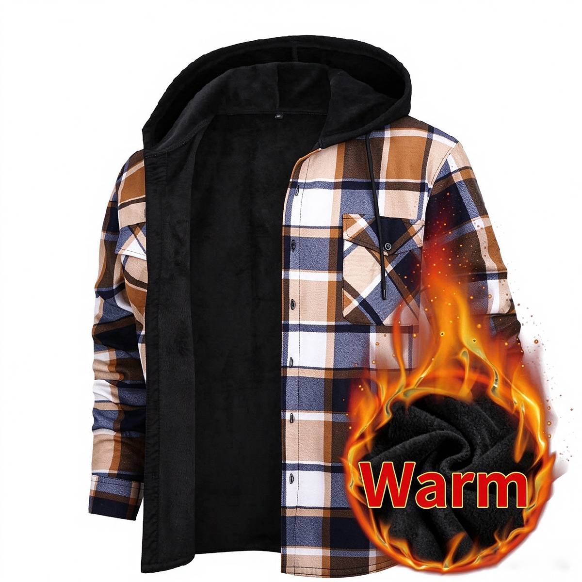 Men's Fleece Lined Plaid Hooded Shirt Jacket