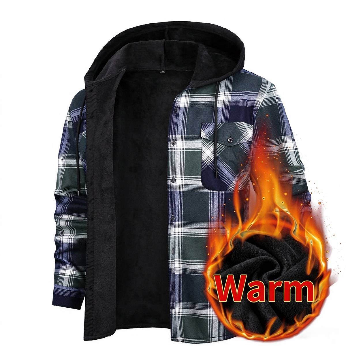 Men's Fleece Lined Plaid Hooded Shirt Jacket