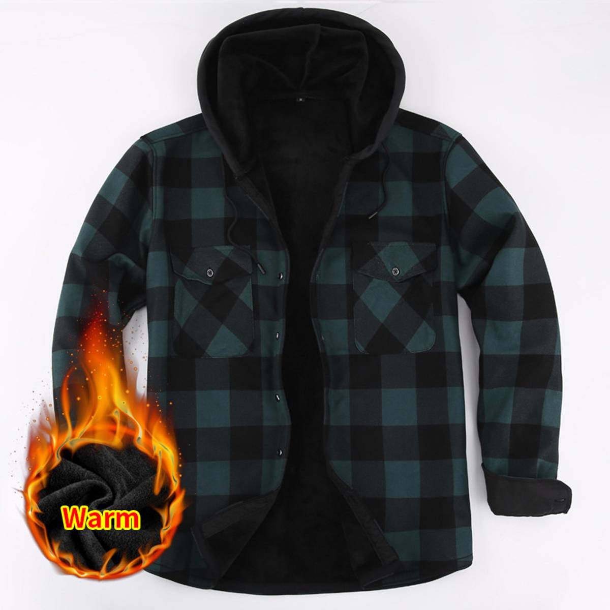 Men's Fleece Lined Plaid Hooded Shirt Jacket
