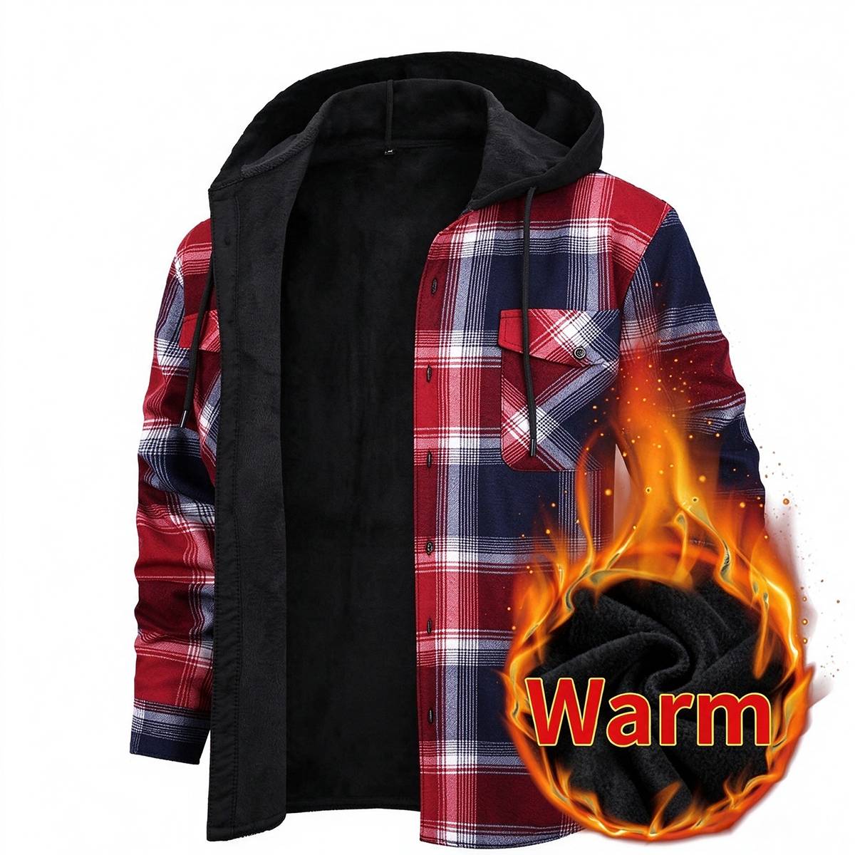 Men's Fleece Lined Plaid Hooded Shirt Jacket