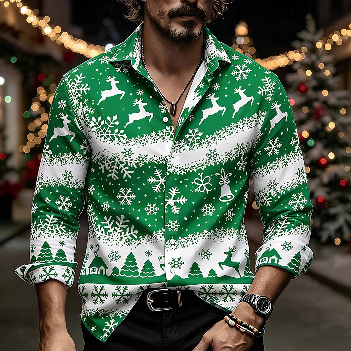 Men's Christmas Reindeer Snowflake Button-Down Casual Shirt