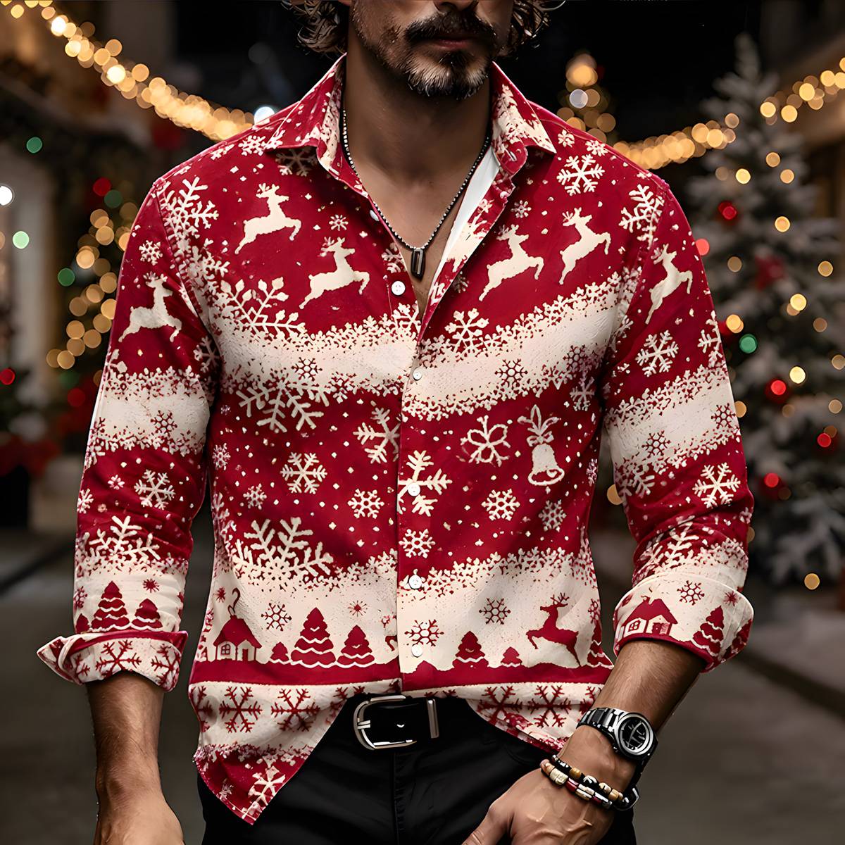 Men's Christmas Reindeer Snowflake Button-Down Casual Shirt