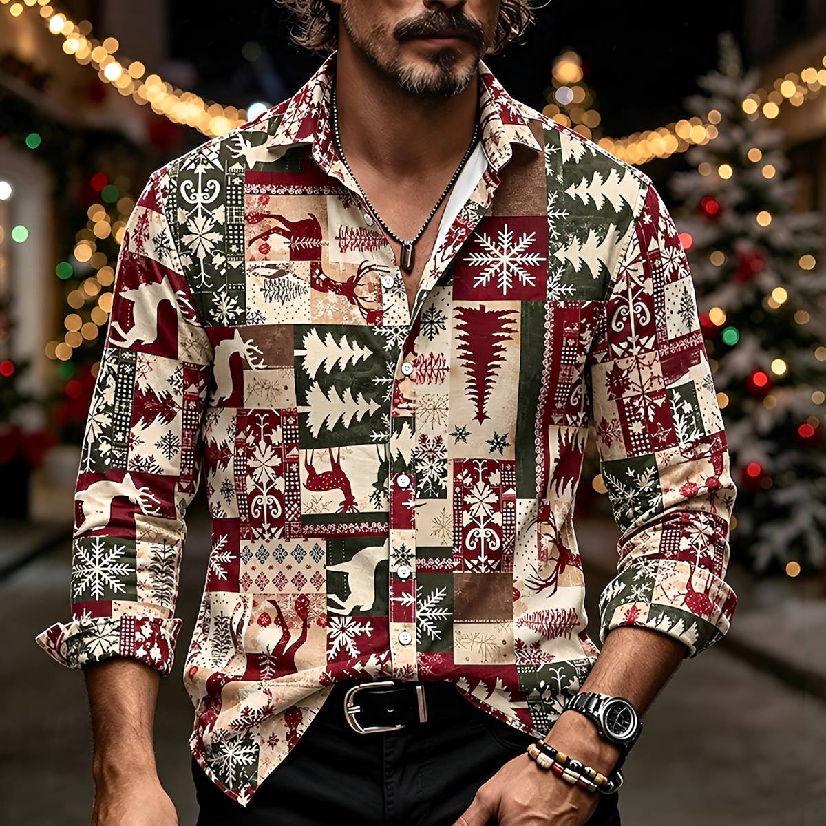 Men's Christmas Print Lapel Casual Button Down Shirt