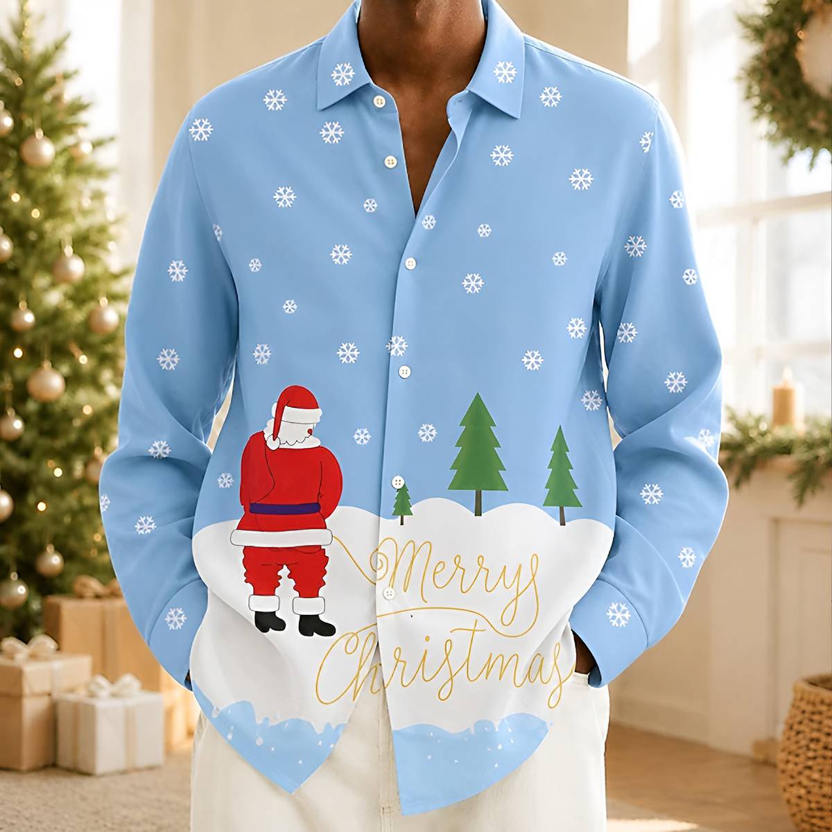 Men's Christmas Print Lapel Casual Button Down Shirt