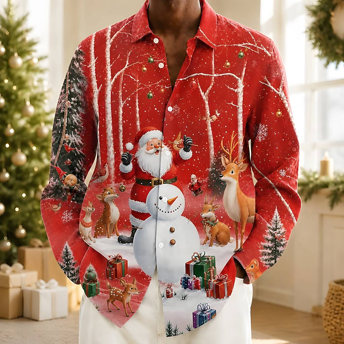 Men's Christmas Print Lapel Casual Button Down Shirt