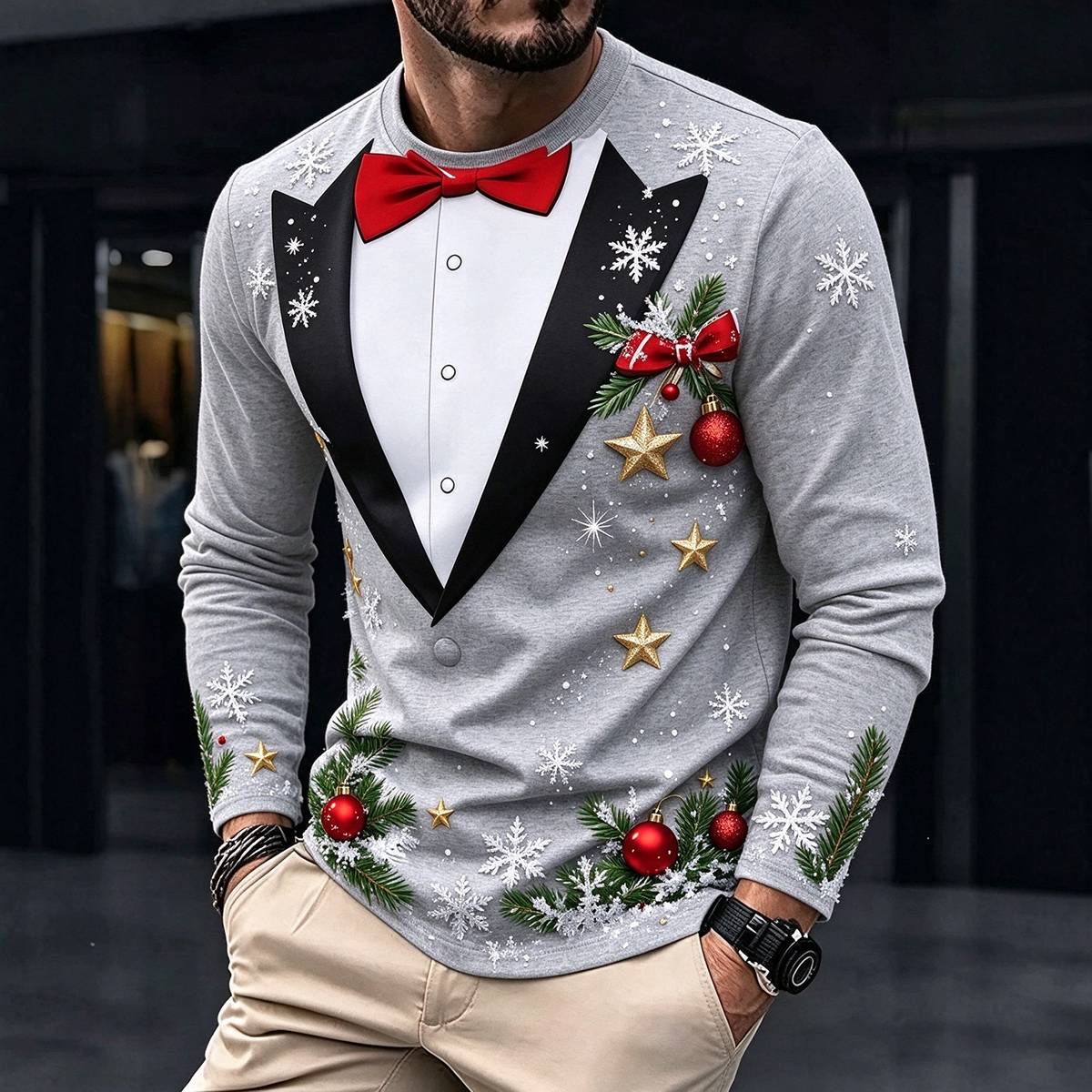 Christmas Tuxedo Fake Two-Piece Print Crewneck Shirt
