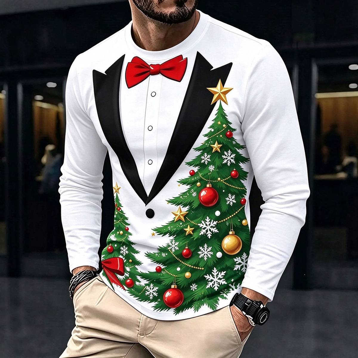 Christmas Tuxedo Fake Two-Piece Print Crewneck Shirt