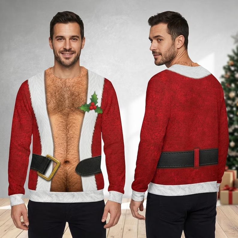Men's Funny Fake Santa Suit Print Crewneck T-Shirt