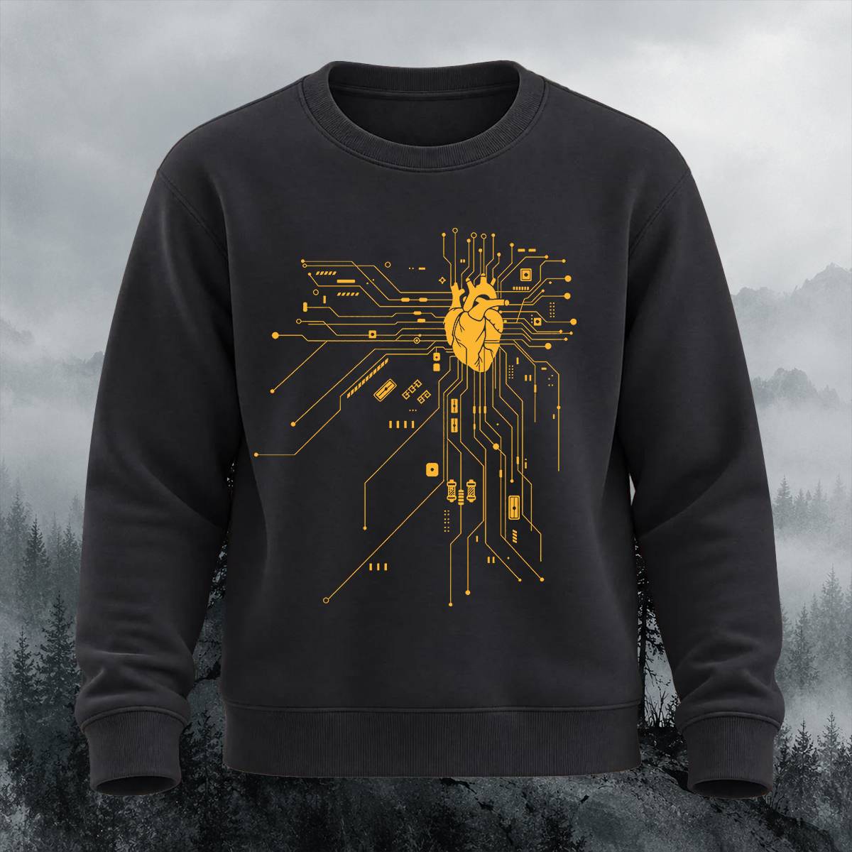Tech Heart Circuit Pulse Casual Crewneck Sweatshirt
