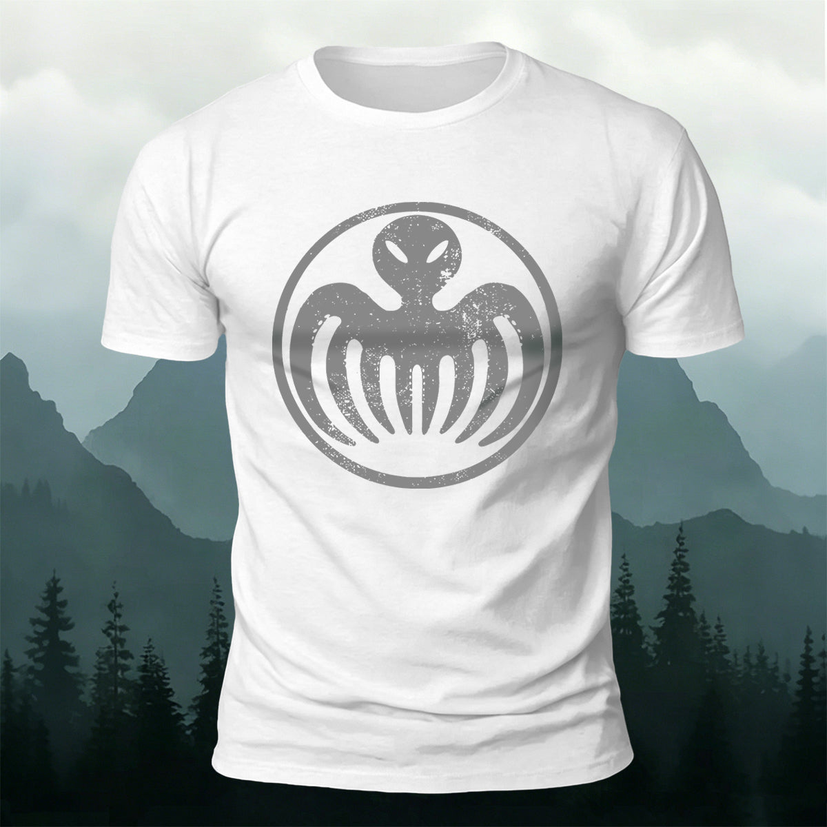 Distressed Alien Octopus Circle Casual Crew Neck Tee