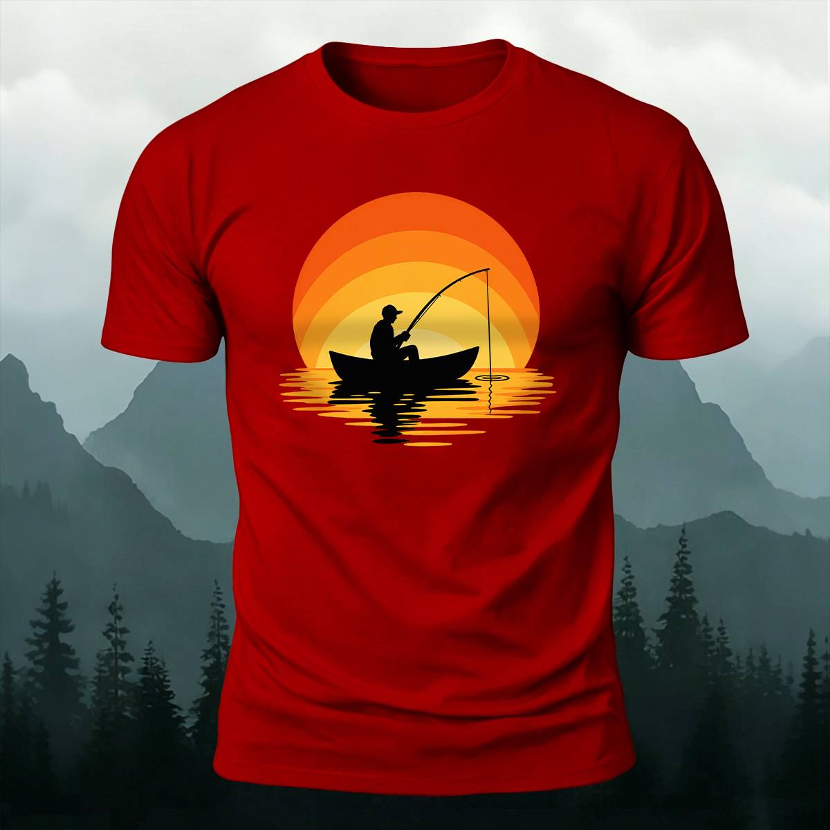Sunset Boat Fisherman Silhouette Outdoor Cotton Tee
