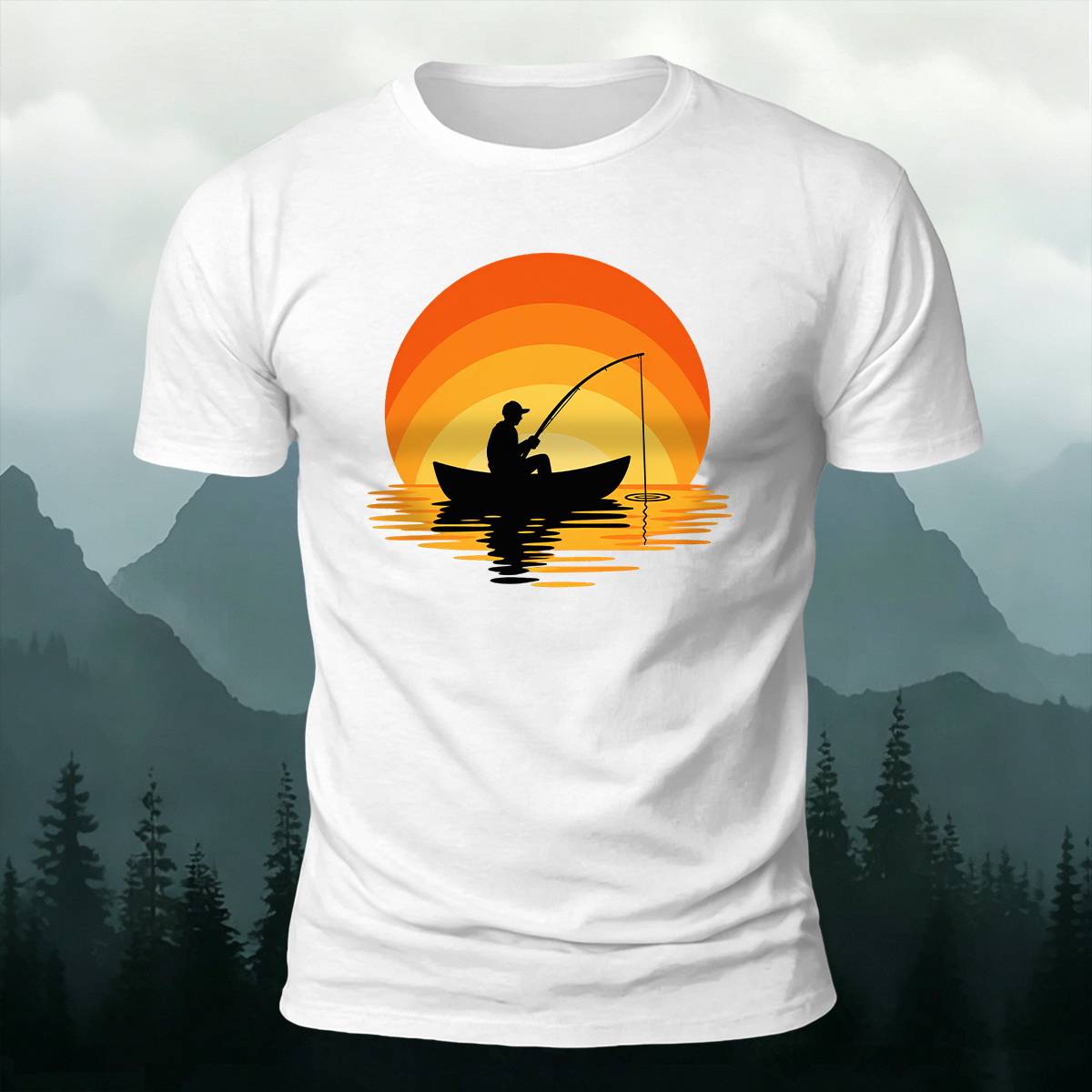 Sunset Boat Fisherman Silhouette Outdoor Cotton Tee