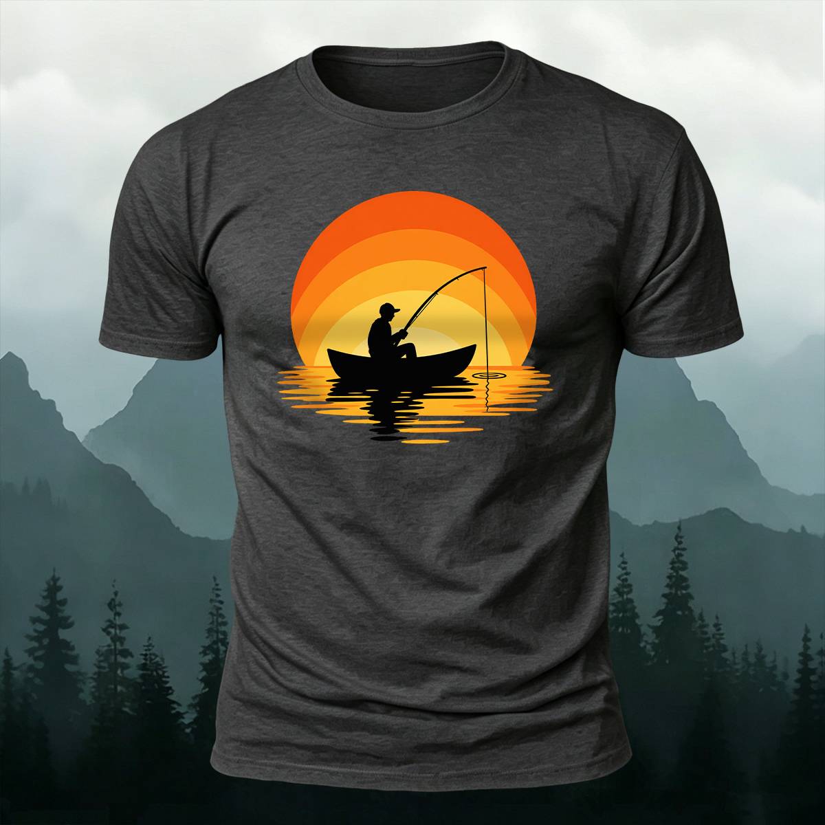 Sunset Boat Fisherman Silhouette Outdoor Cotton Tee
