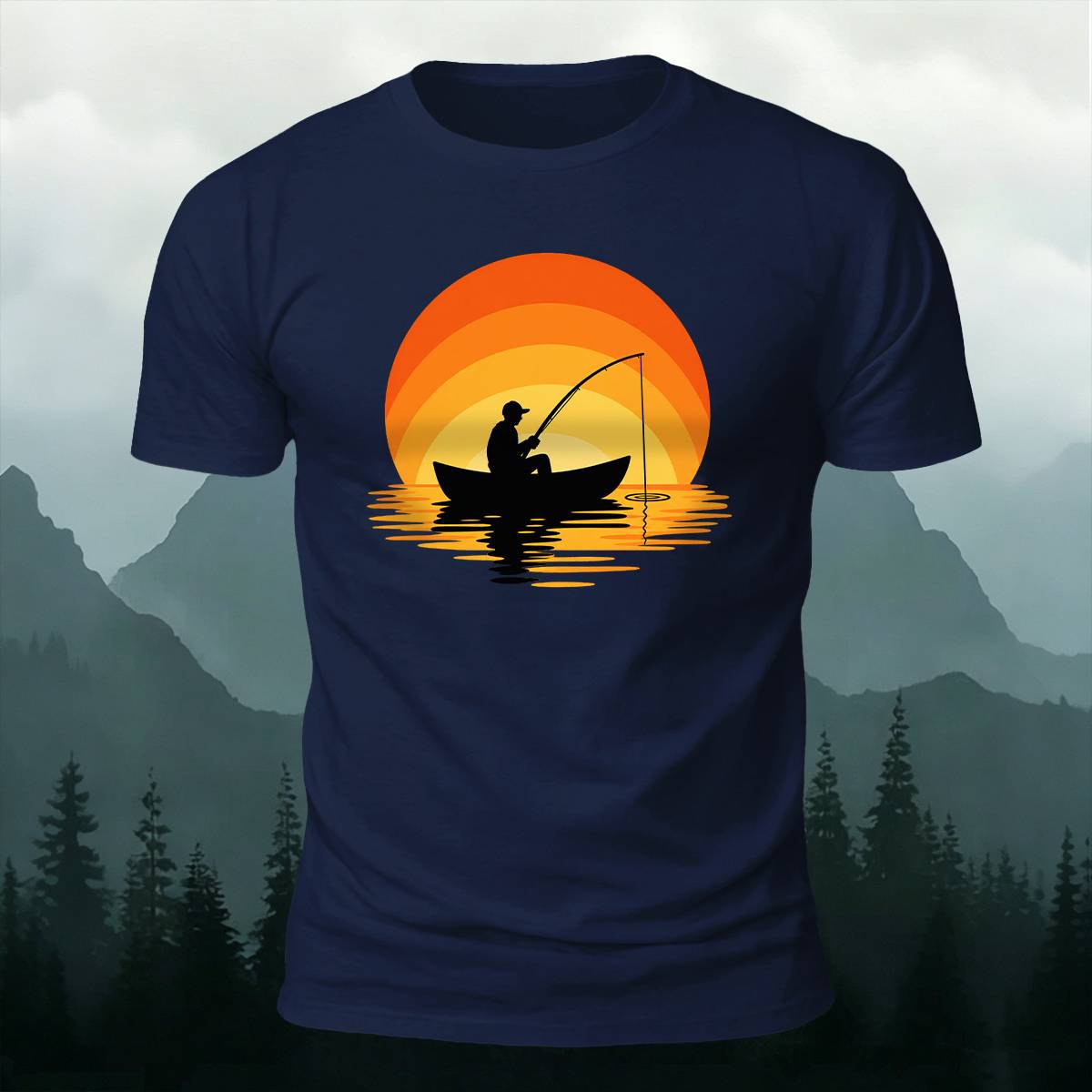 Sunset Boat Fisherman Silhouette Outdoor Cotton Tee