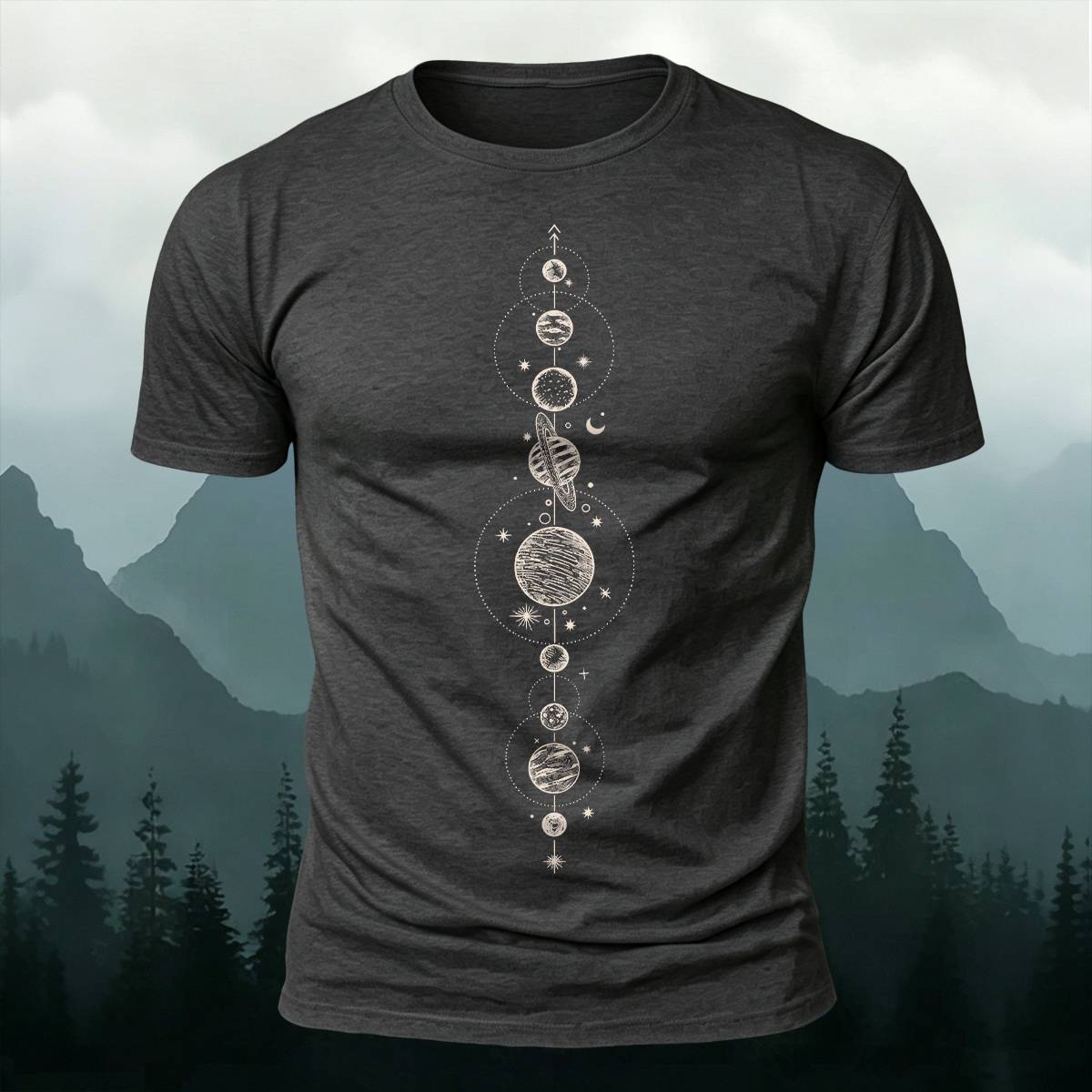 DTG Celestial Vertical Planets Space Art Casual Tee