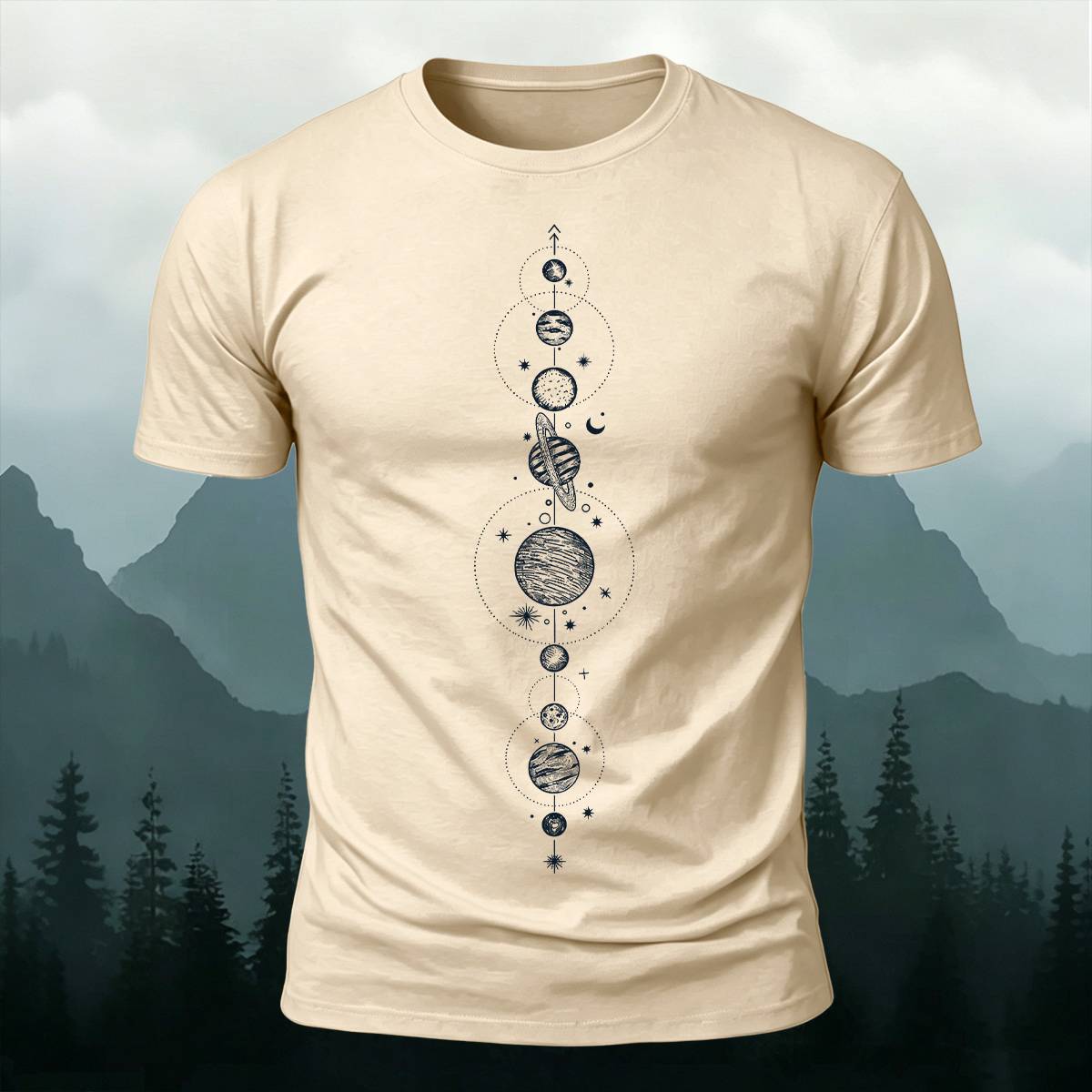 DTG Celestial Vertical Planets Space Art Casual Tee