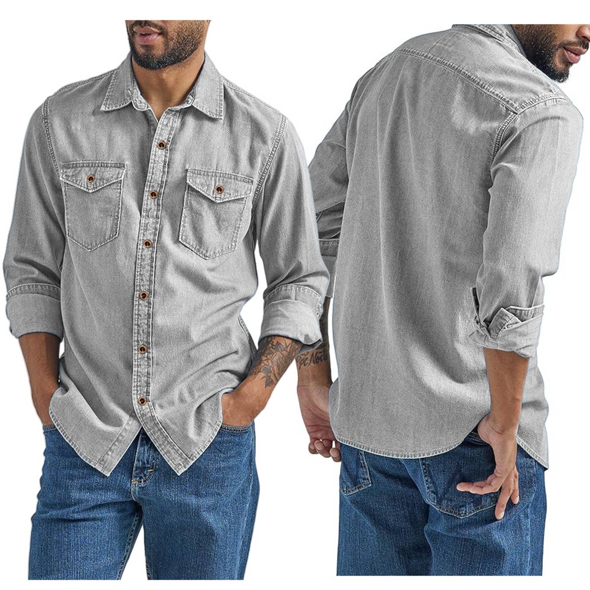 Men's Denim-Like Long Sleeve Button Down Shirt