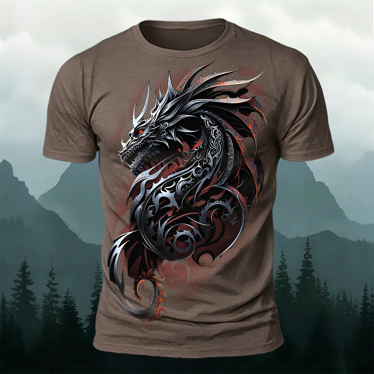 昇華印刷 装飾的なトライバル ダークドラゴン カジュアルTシャツ
