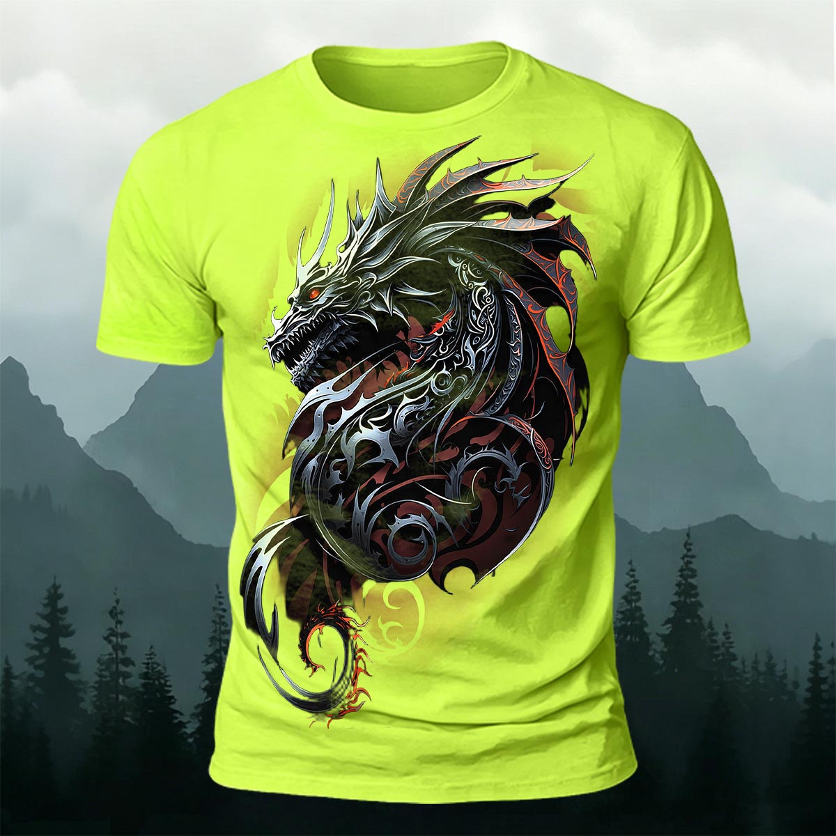 昇華印刷 装飾的なトライバル ダークドラゴン カジュアルTシャツ