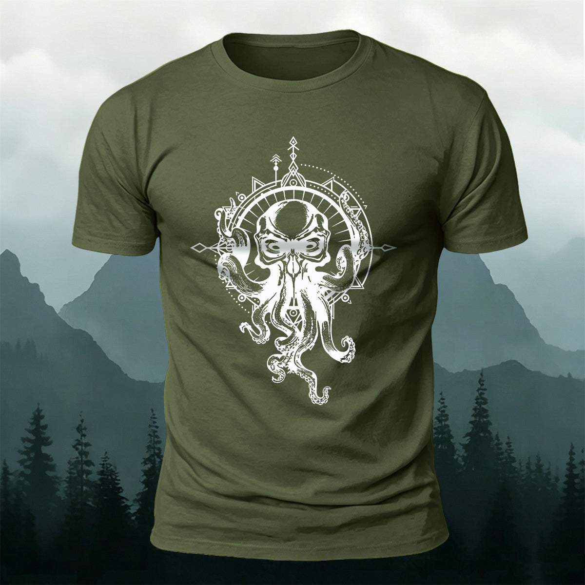 プレミアムコットン オクトパス コンパス アート カジュアルTシャツ