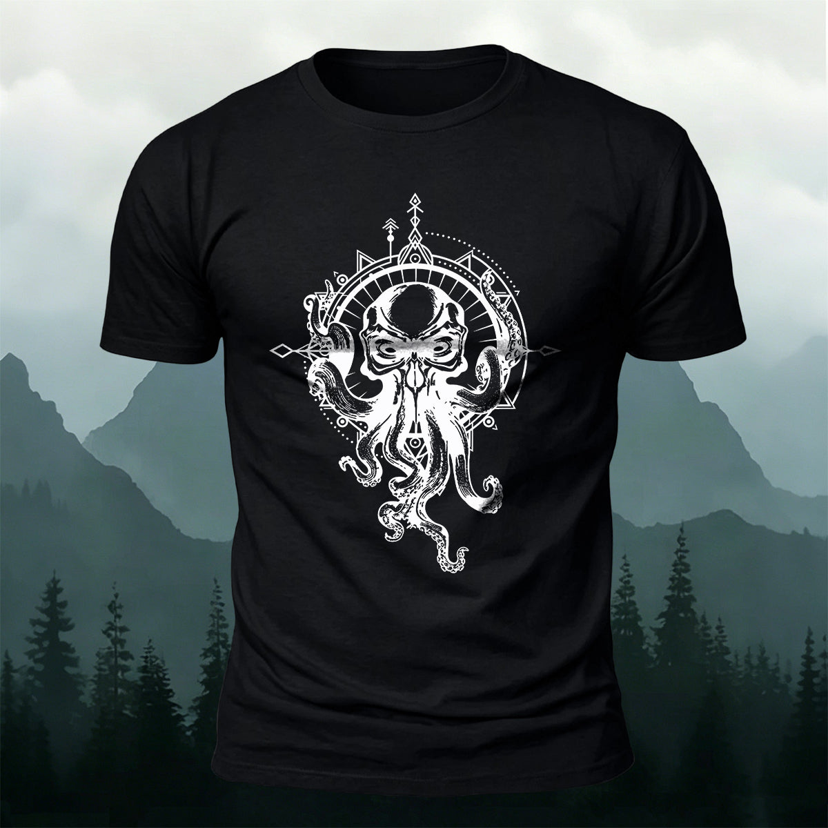 プレミアムコットン オクトパス コンパス アート カジュアルTシャツ