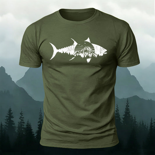 Outdoor Shark Mountain Scene Premium Cotton Tee