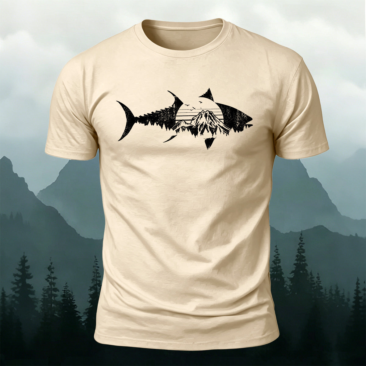 Outdoor Shark Mountain Scene Premium Cotton Tee