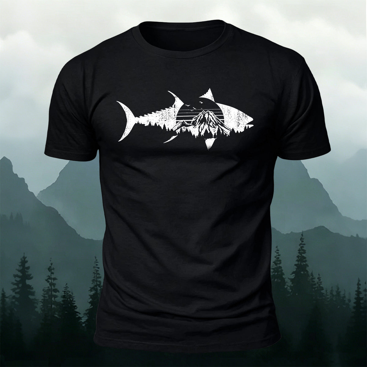 Outdoor Shark Mountain Scene Premium Cotton Tee