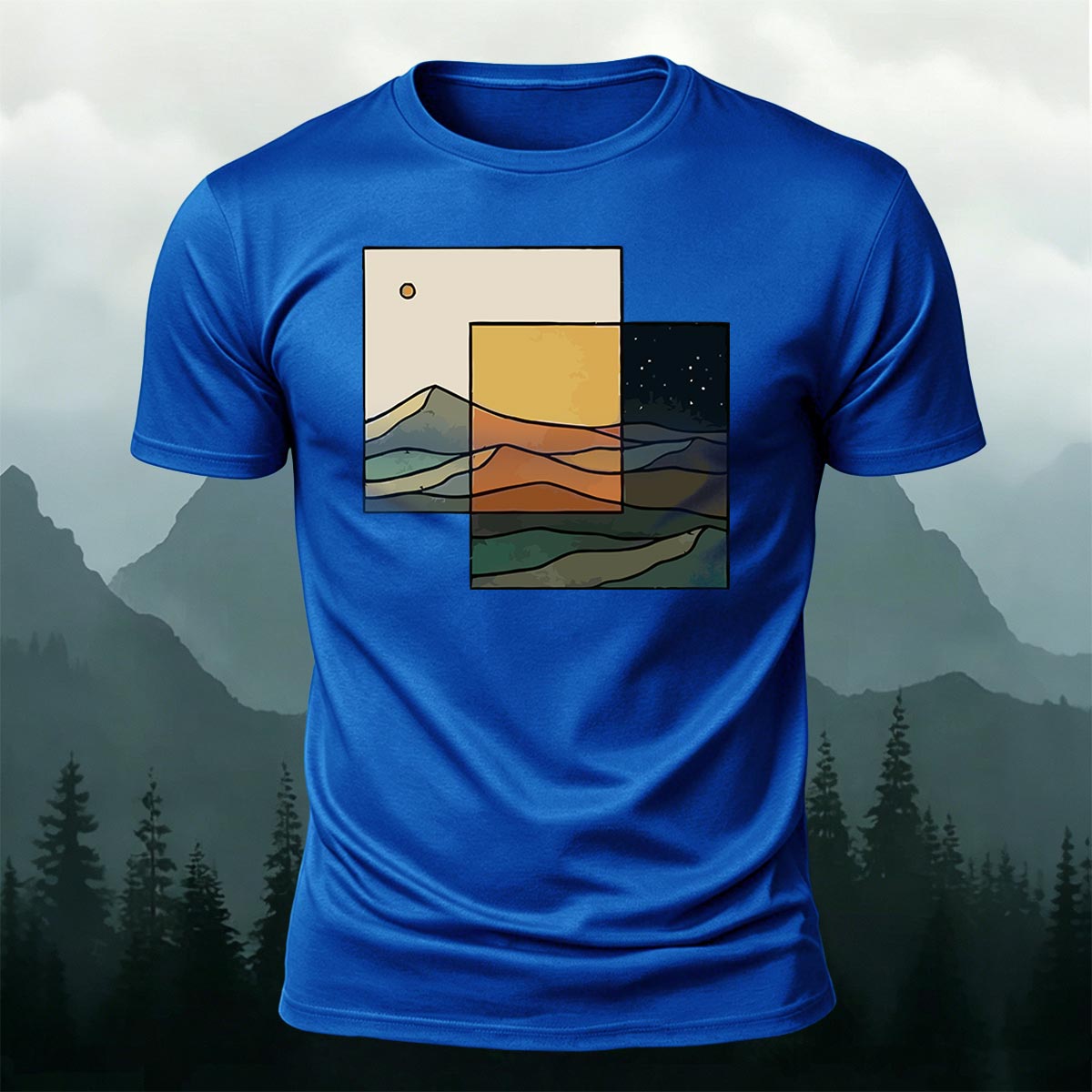 Modern Split Day Night Mountain Casual Cotton Tee