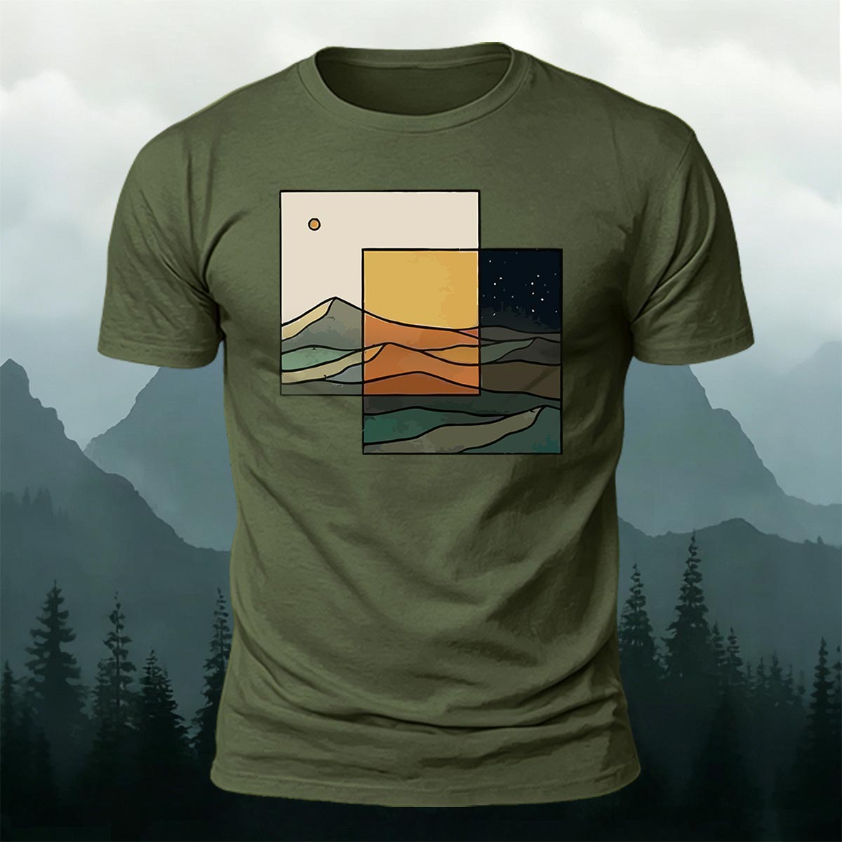 Modern Split Day Night Mountain Casual Cotton Tee