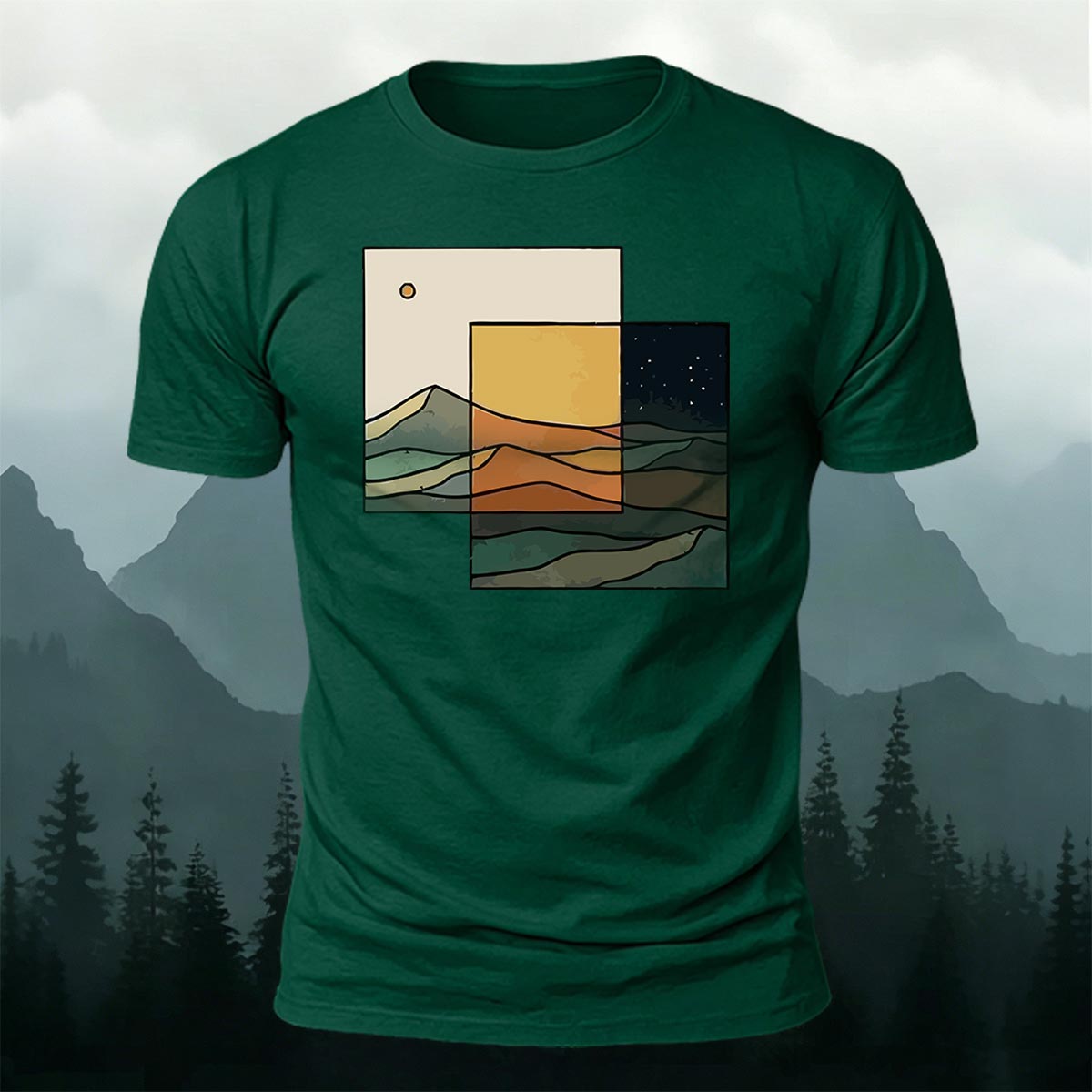 Modern Split Day Night Mountain Casual Cotton Tee