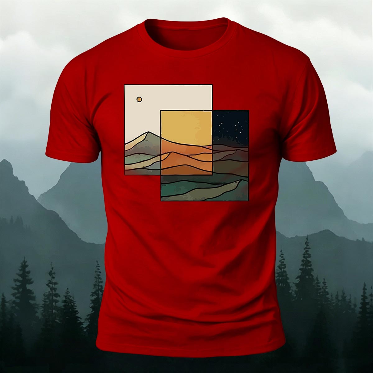 Modern Split Day Night Mountain Casual Cotton Tee