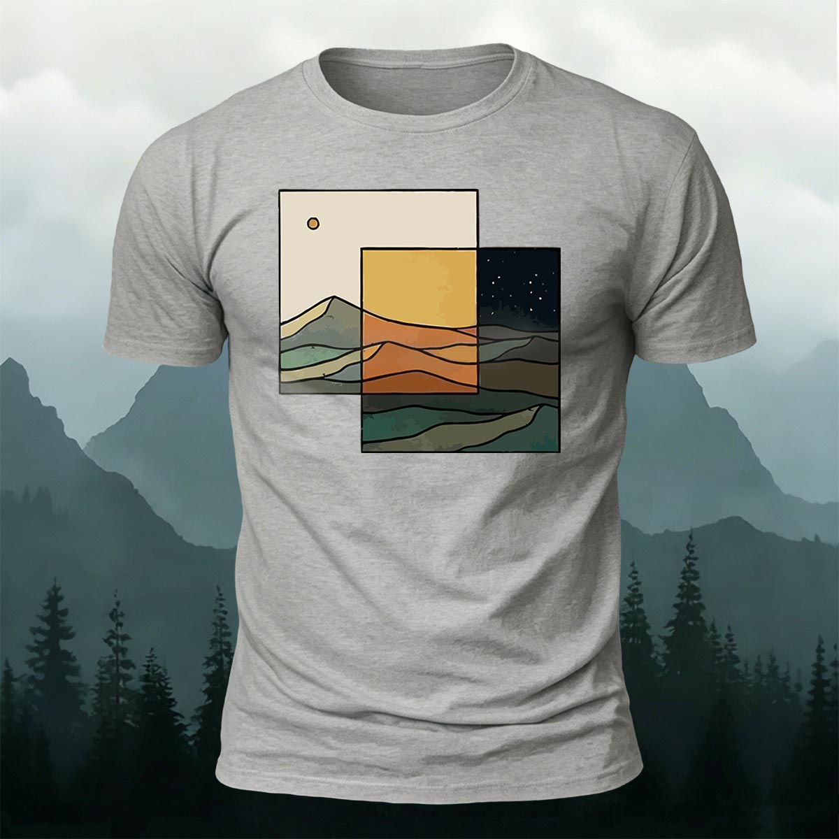 Modern Split Day Night Mountain Casual Cotton Tee