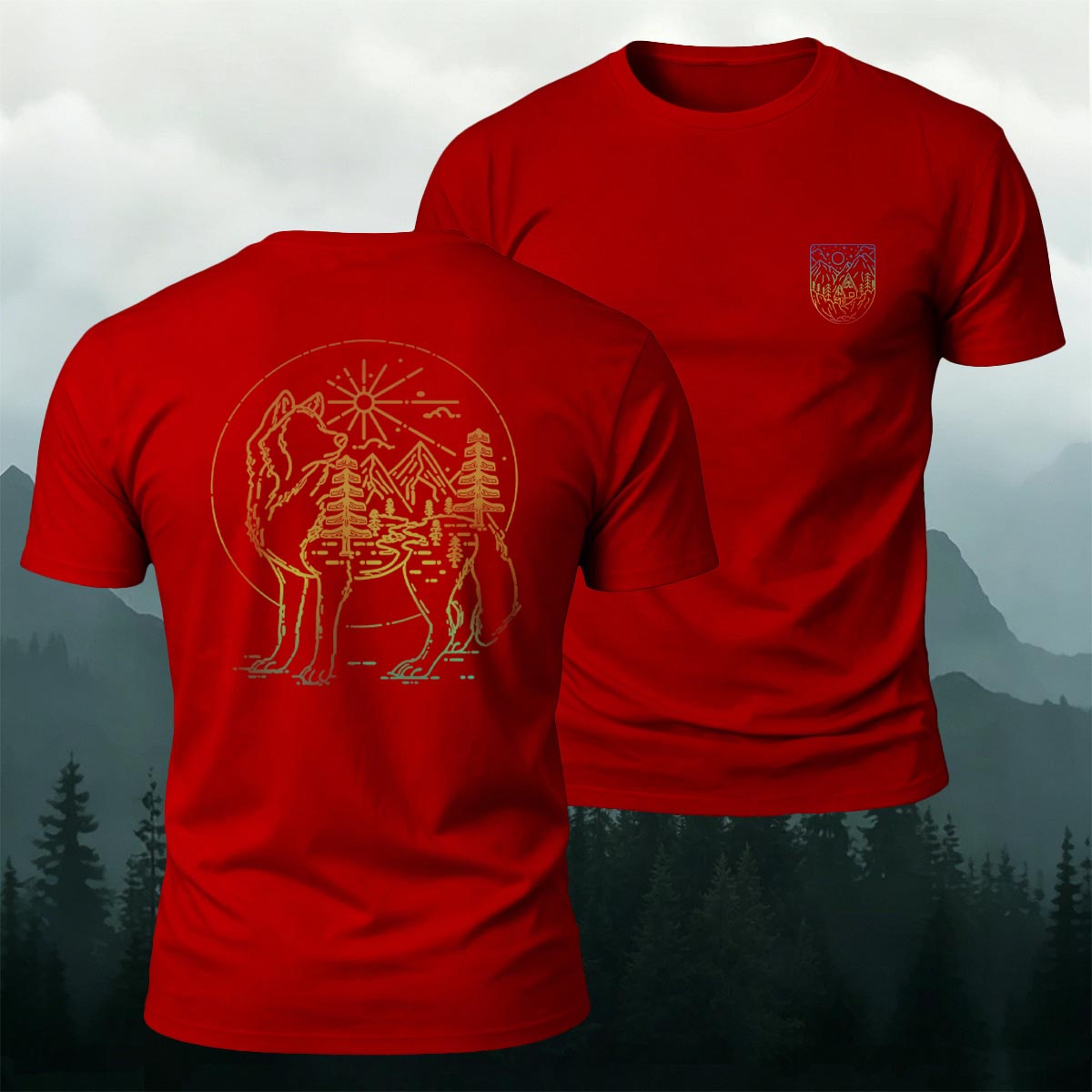 アウトドア フォレスト ウルフ ラインアート プレミアムコットンTシャツ