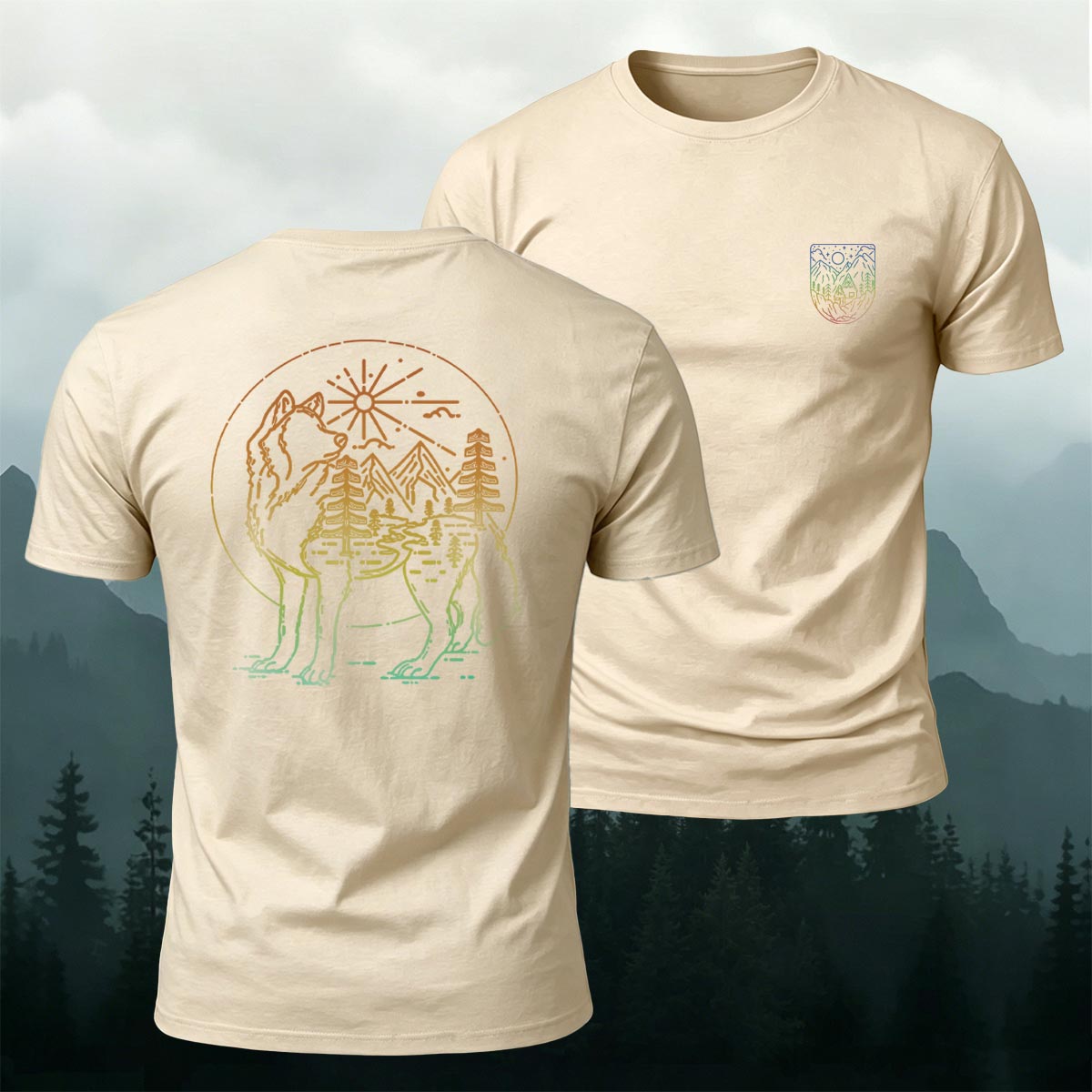 アウトドア フォレスト ウルフ ラインアート プレミアムコットンTシャツ