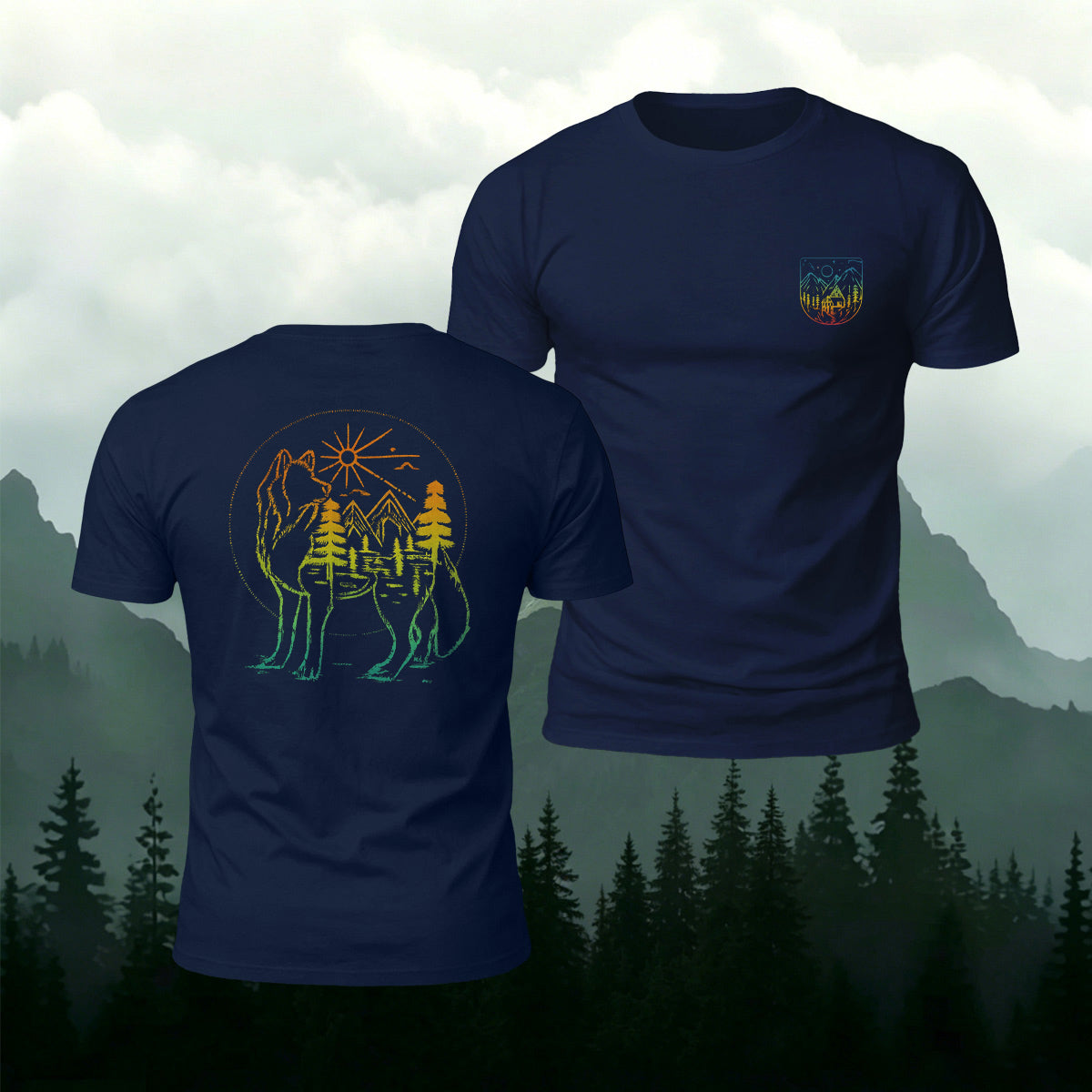 Gradient Art Mountain Wolf Premium Cotton T-Shirt