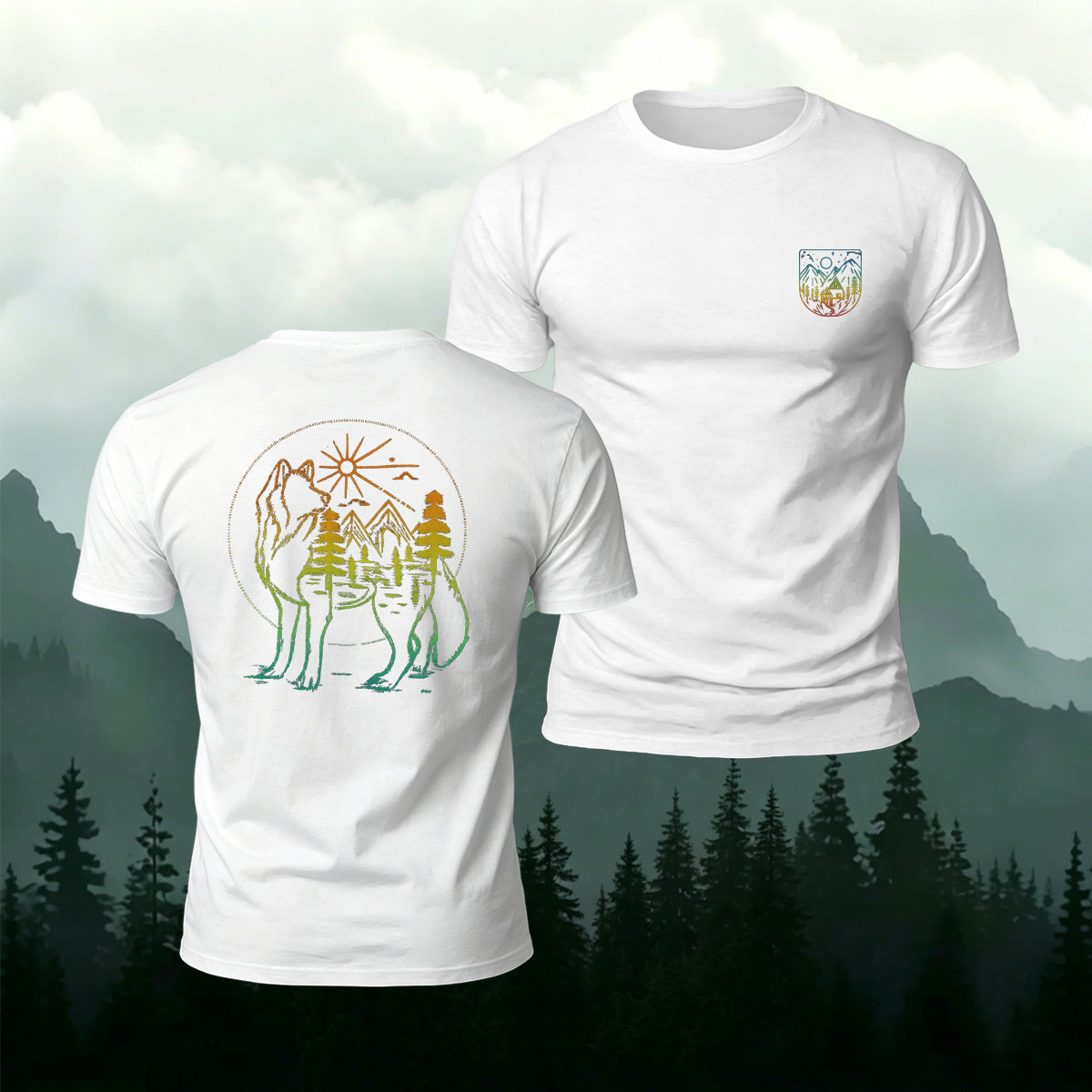 Gradient Art Mountain Wolf Premium Cotton T-Shirt