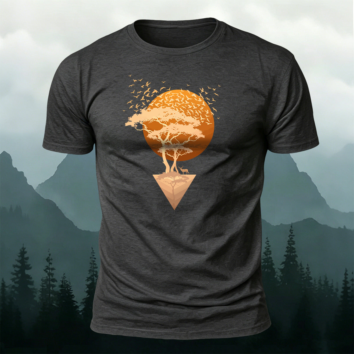 Floating Sunset Tree & Deer Healing Graphic T-Shirt