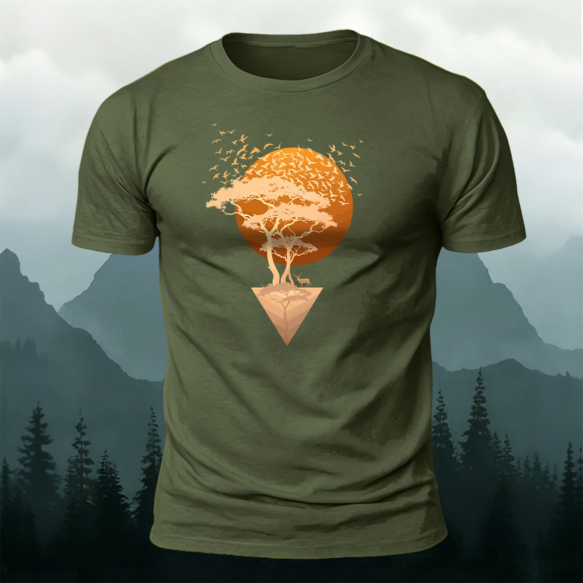 Floating Sunset Tree & Deer Healing Graphic T-Shirt