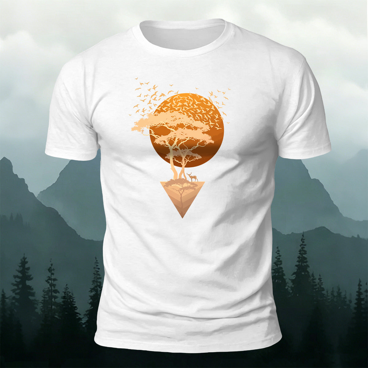 Floating Sunset Tree & Deer Healing Graphic T-Shirt