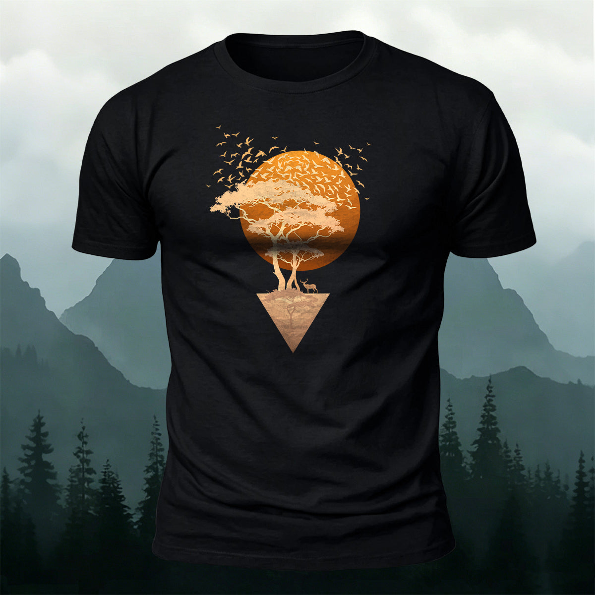 Floating Sunset Tree & Deer Healing Graphic T-Shirt