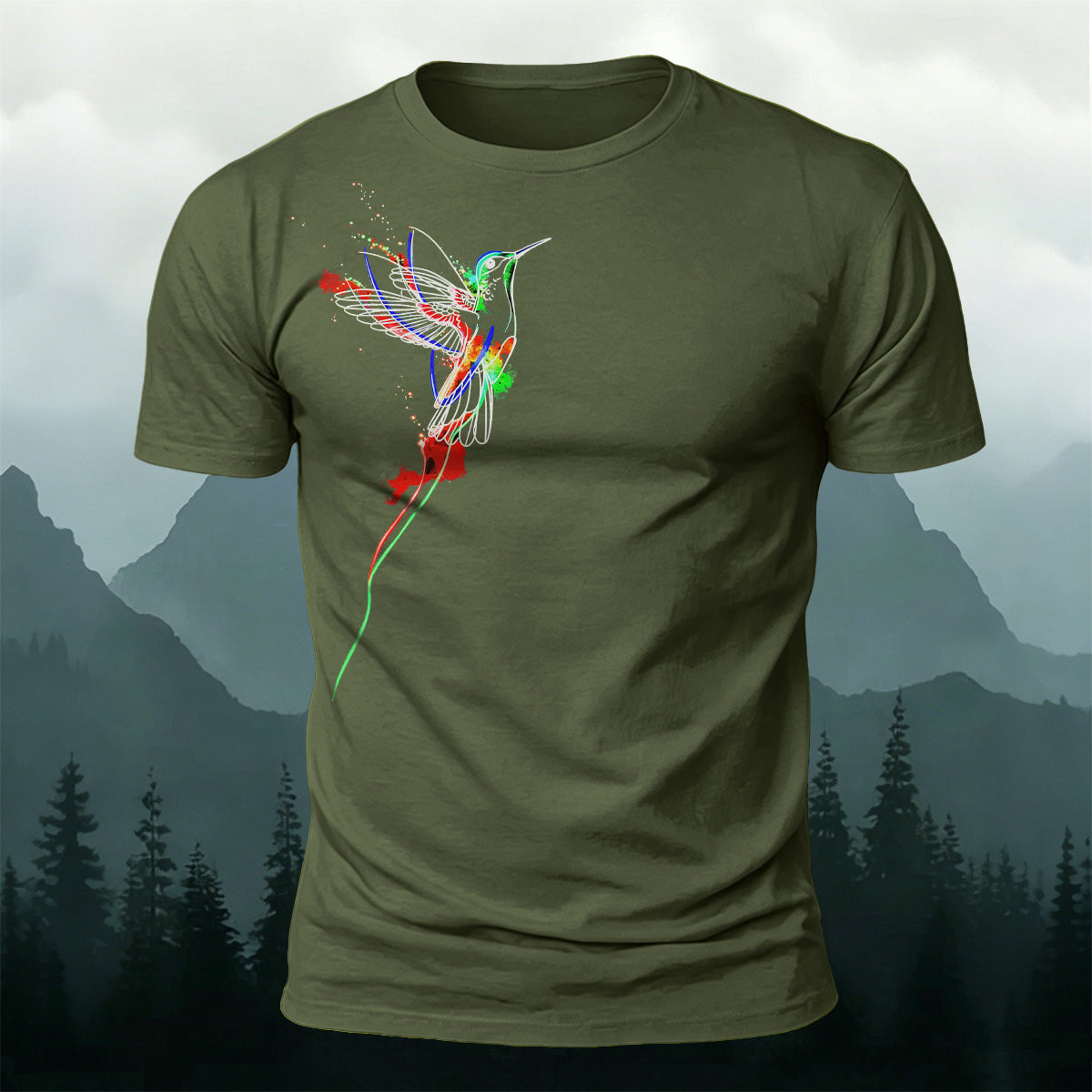 ネイチャー スプラッター カラー ハミングバード 肌に優しいTシャツ