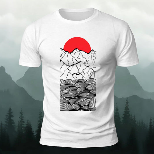 ラインアート サンライズ オーシャン グラフィック プレミアムコットンTシャツ
