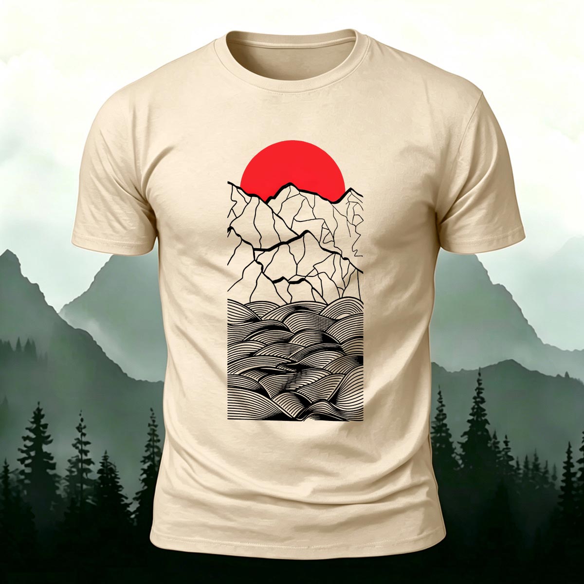 Line Art Sunrise Ocean Graphic Premium Cotton Tee