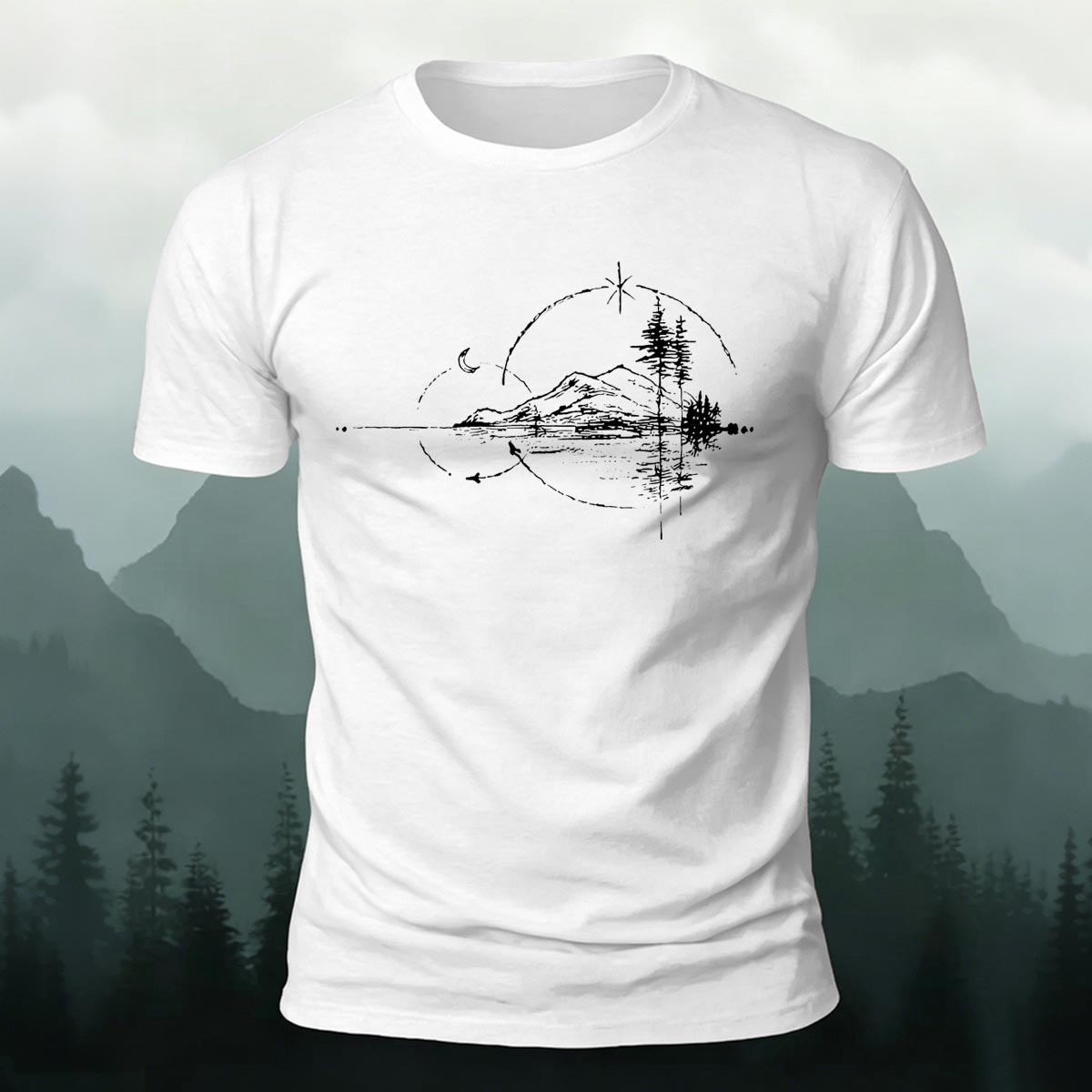 Minimal Night Lake Mountain Casual Cotton T-Shirt