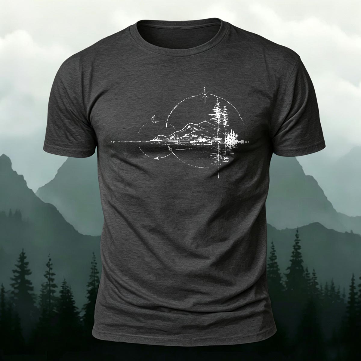 Minimal Night Lake Mountain Casual Cotton T-Shirt