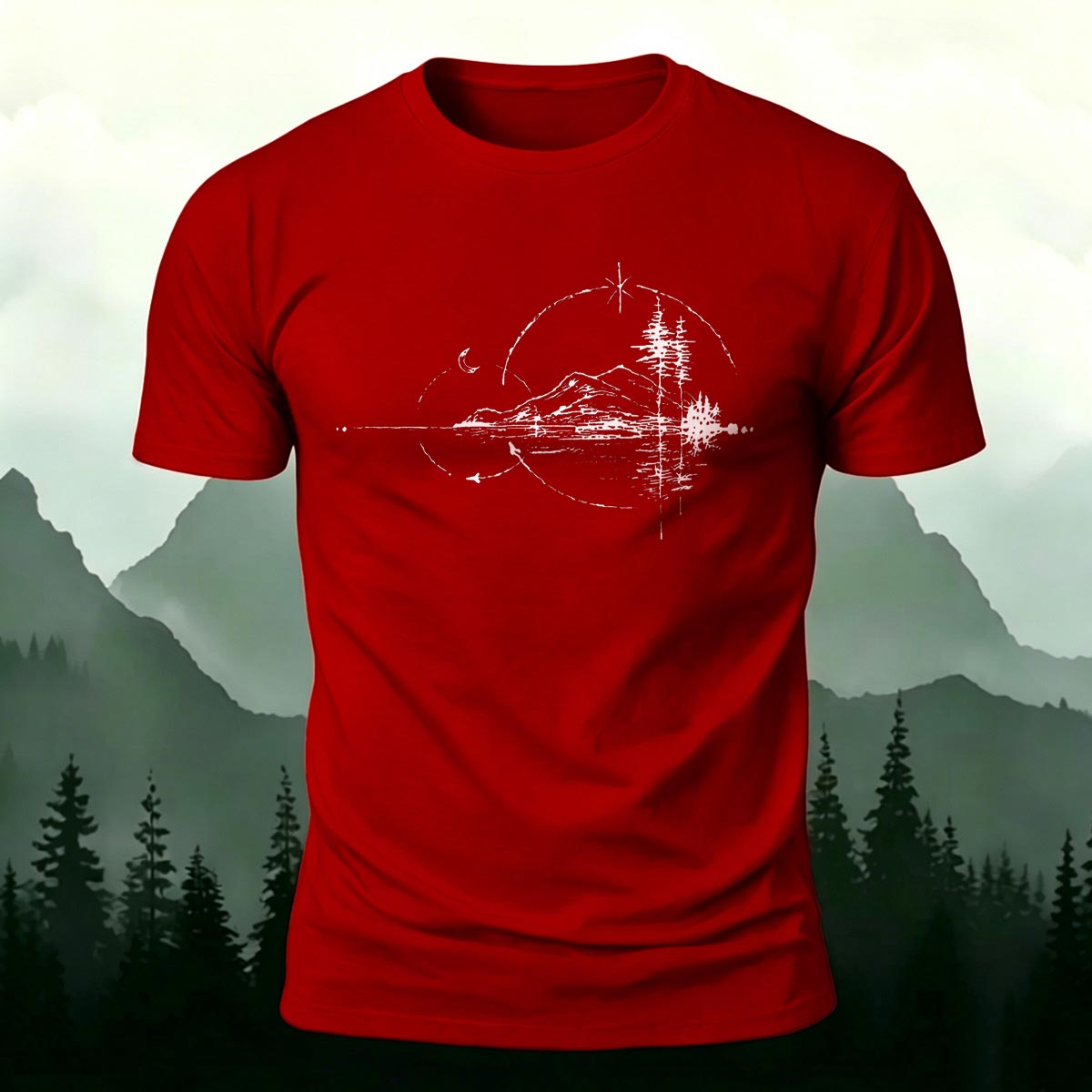 Minimal Night Lake Mountain Casual Cotton T-Shirt