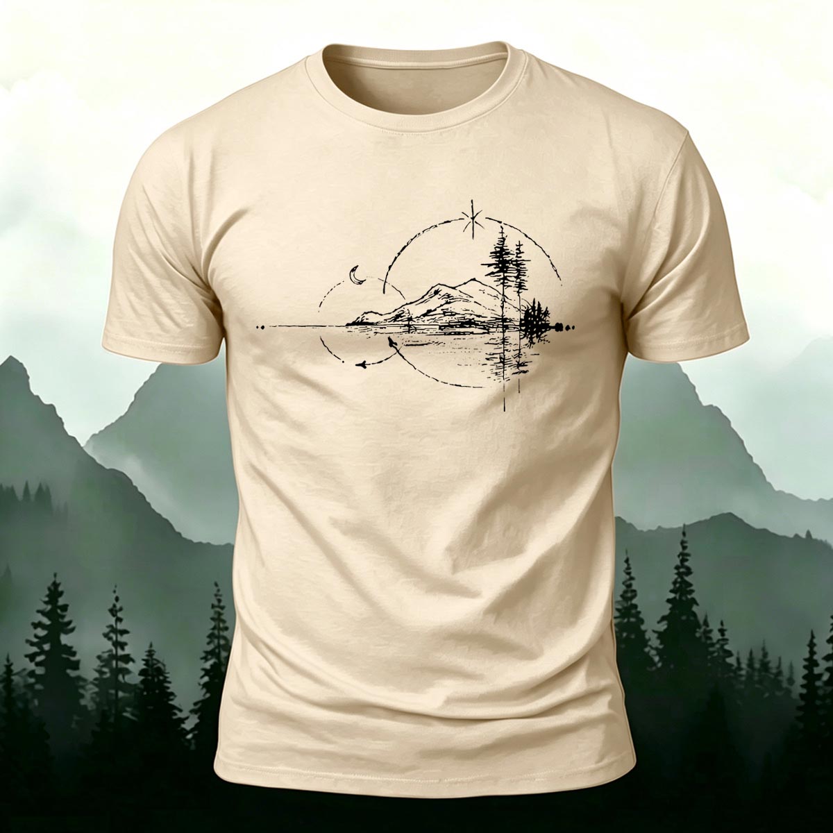 Minimal Night Lake Mountain Casual Cotton T-Shirt
